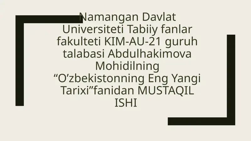 O’zbekistonning Eng Yangi Tarixi