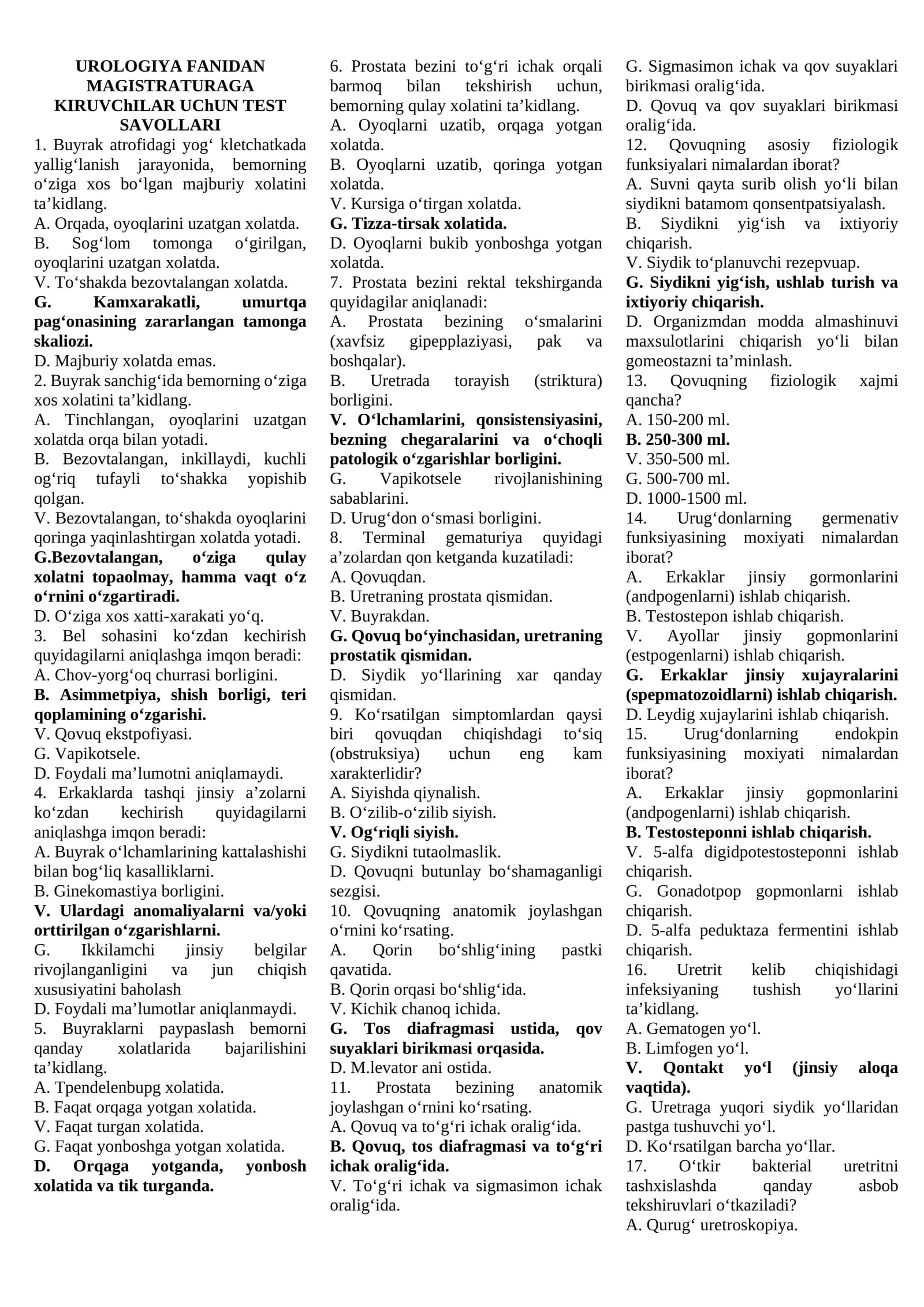 UROLOGIYA FANIDAN MAGISTRATURAGA KIRUVChILAR UChUN TEST SAVOLLARI 2026