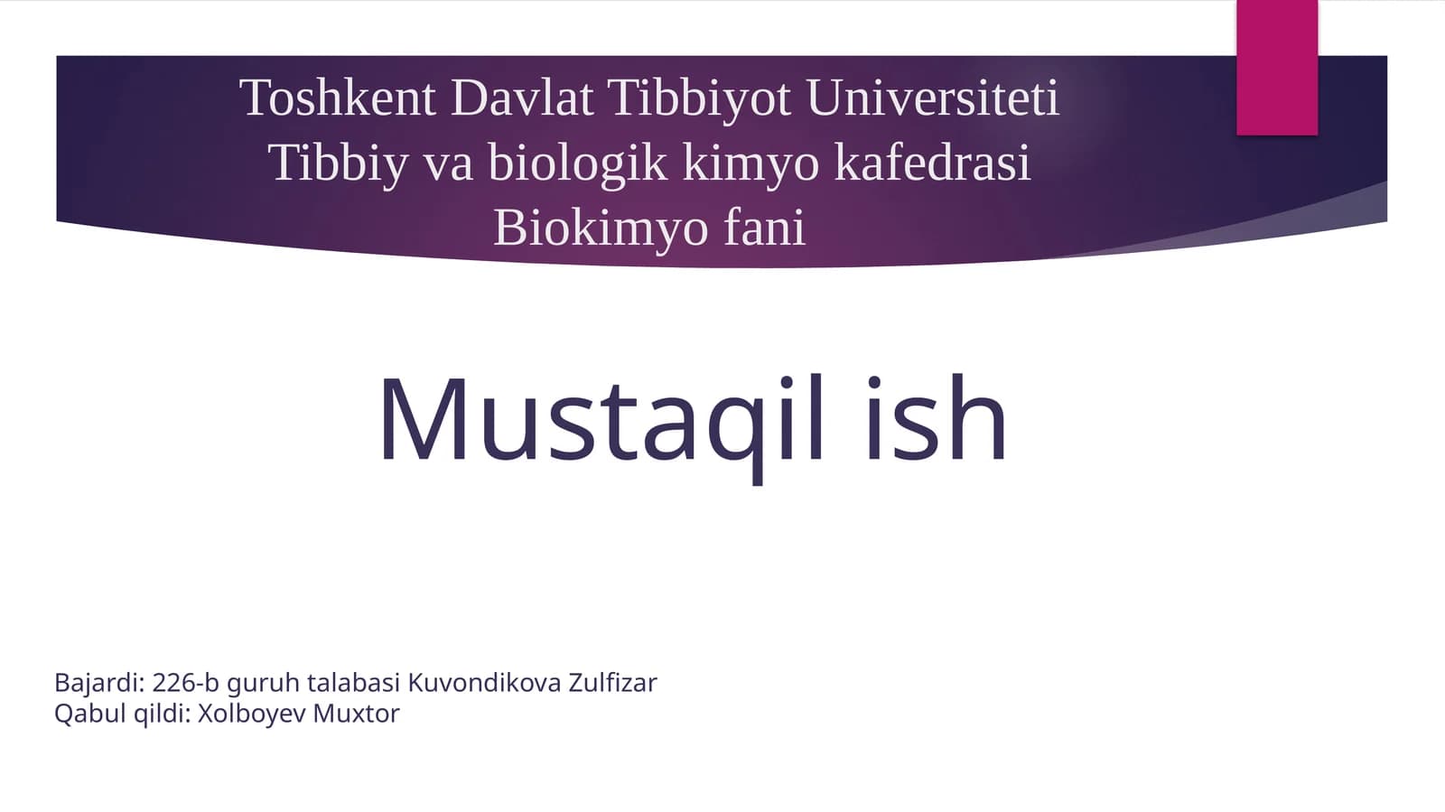 Pankreatit rivojlanishining biokimyoviy asoslari, davolash va diagnostika tamoyillari, ingichka ichakda parchalanish mahsulotlari so'rilishining buzilishi (seliakiya), kron kasalligi va yarali kolit rivojlanishining biokimyoviy asoslari