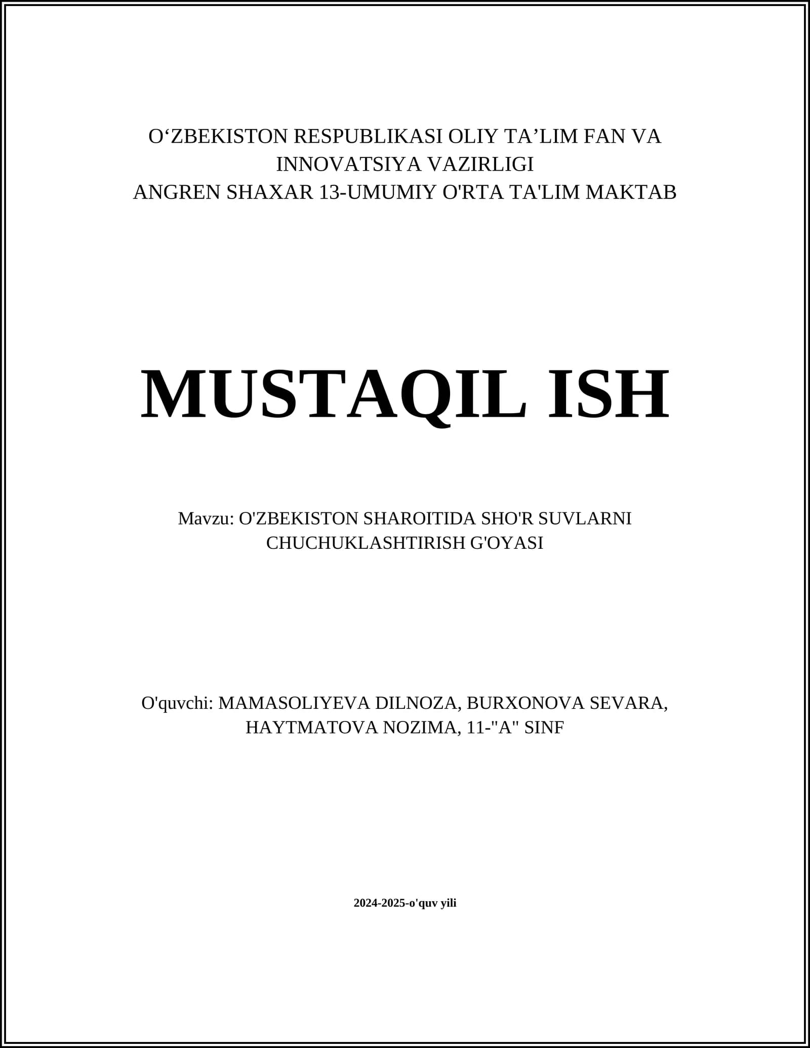 O'ZBEKISTON SHAROITIDA SHO'R SUVLARNI CHUCHUKLASHTIRISH G'OYASI