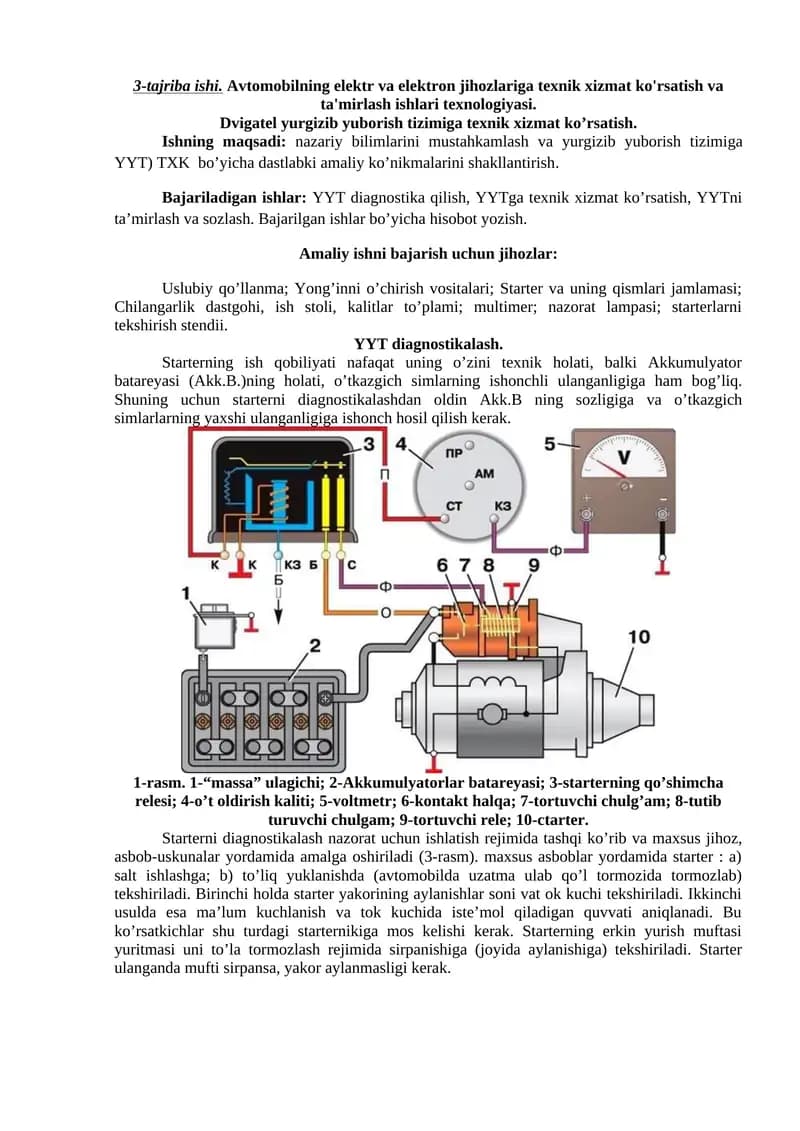 Avtomobilning elektr va elektron jihozlariga texnik xizmat ko'rsatish va ta'mirlash ishlari texnologiyasi