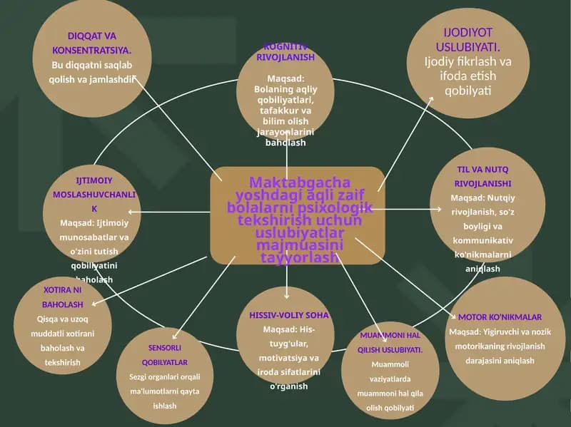 Maktabgacha yoshdagi aqli zaif bolalarni psixologik tekshirish uchun uslubiyatlar majmuasini tayyorlash
