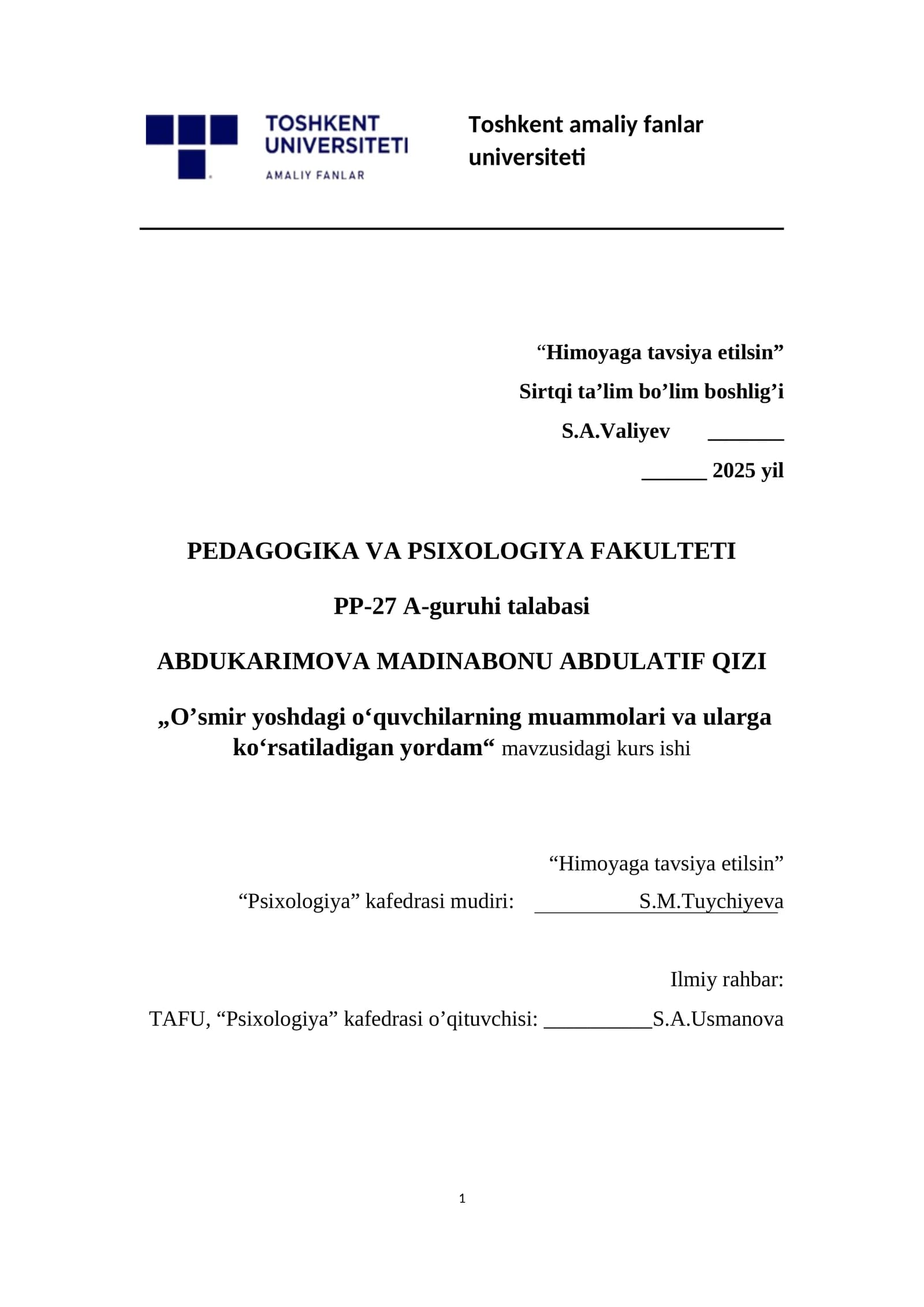 O’smir yoshdagi o‘quvchilarning muammolari va ularga ko‘rsatiladigan yordam