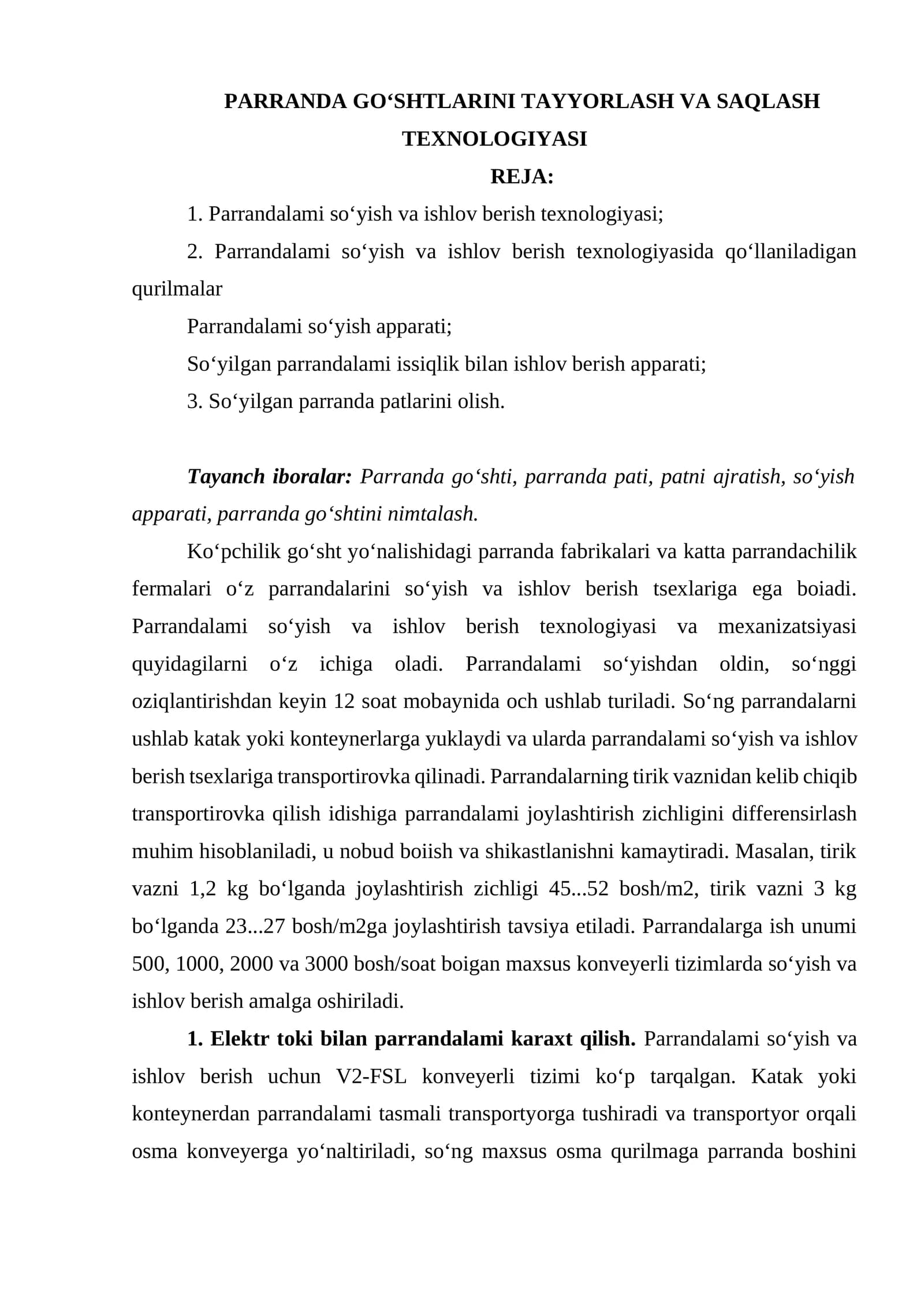 PARRANDA GO‘SHTLARINI TAYYORLASH VA SAQLASH TEXNOLOGIYASI
