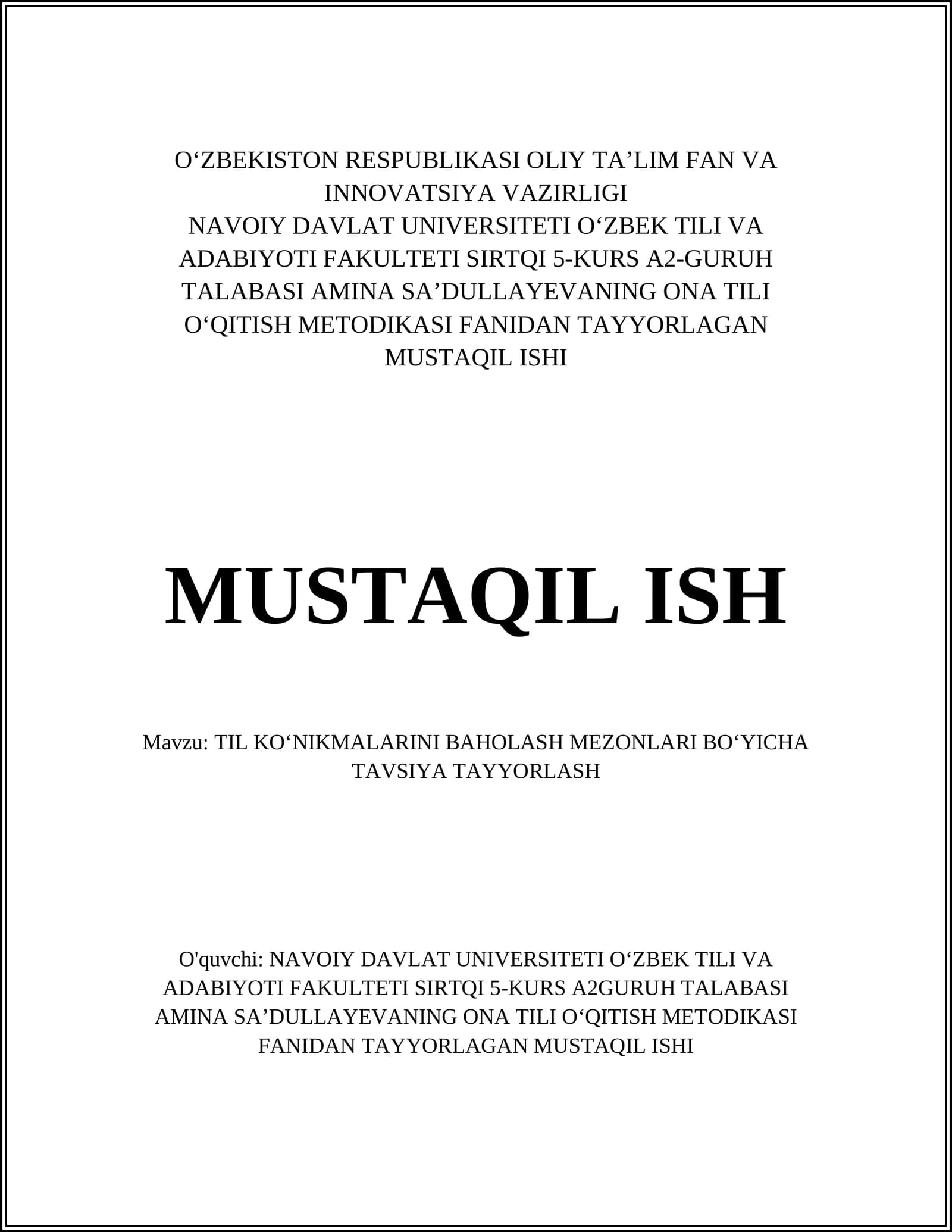 ONA TILI OʻQITISH METODIKASI FANIDAN TAYYORLAGAN MUSTAQIL ISHI