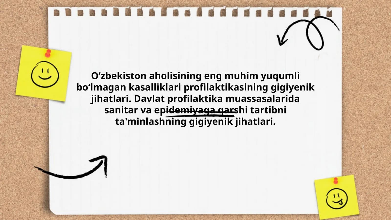 Oʻzbekiston aholisining eng muhim yuqumli boʻlmagan kasalliklari profilaktikasining gigiyenik jihatlari. Davlat profilaktika muassasalarida sanitar va epidemiyaga qarshi tartibni ta'minlashning gigiyenik jihatlari