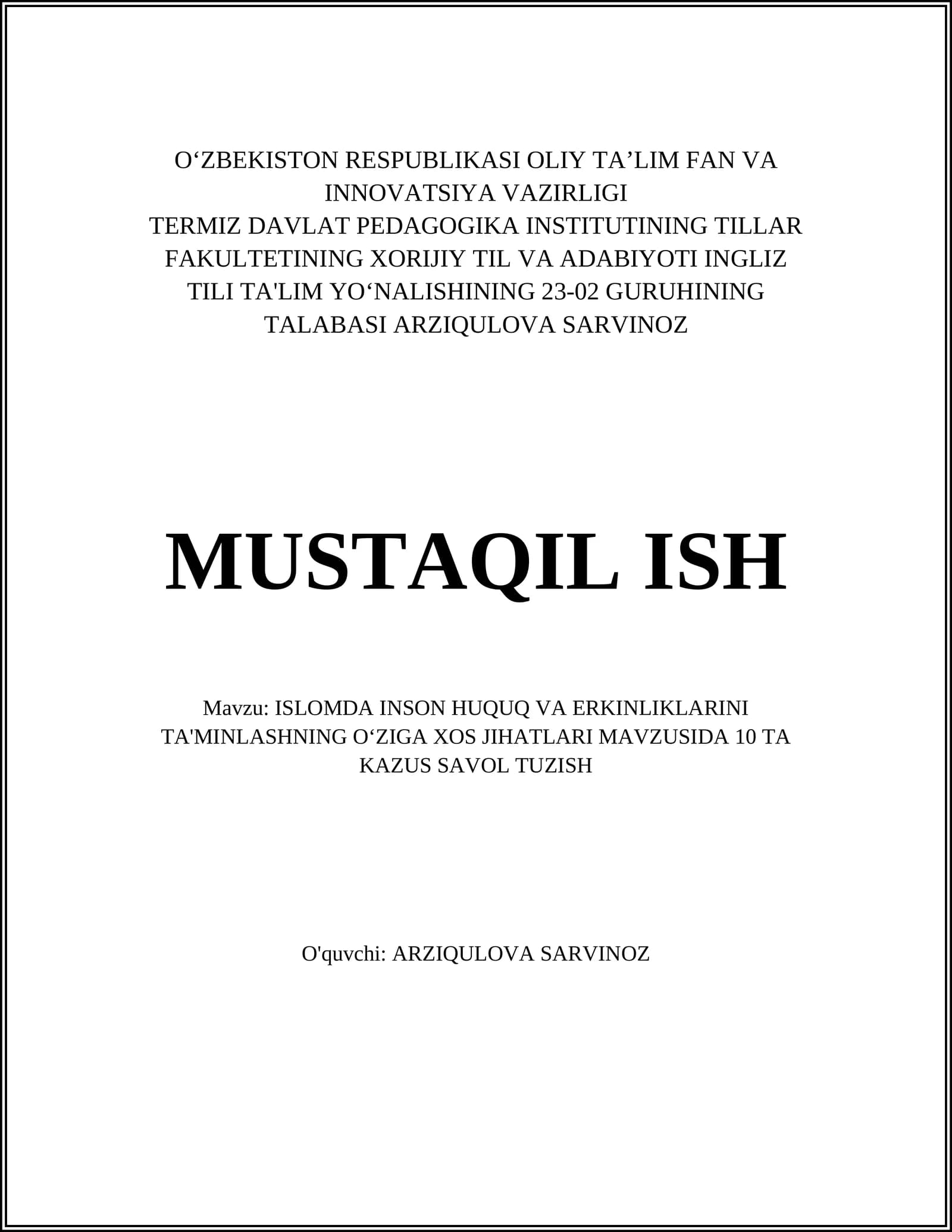 ISLOMDA INSON HUQUQ VA ERKINLIKLARINI TA'MINLASH