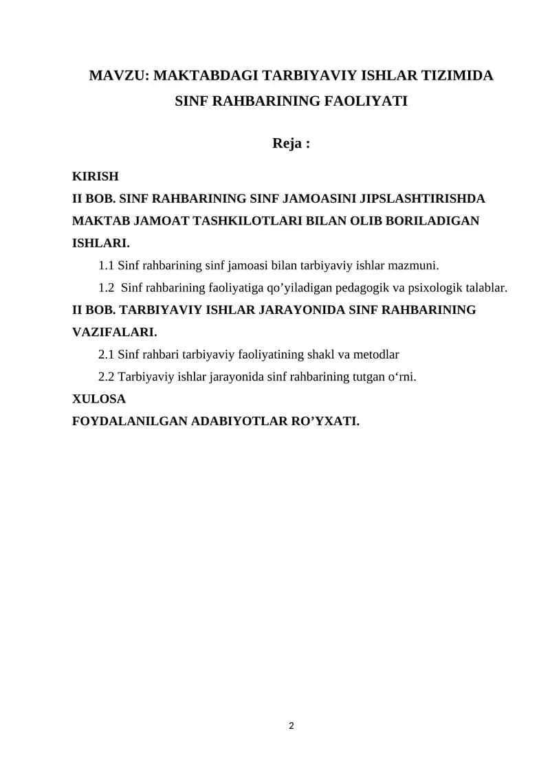MAKTABDAGI TARBIYAVIY ISHLAR TIZIMIDA SINF RAHBARINING FAOLIYATI