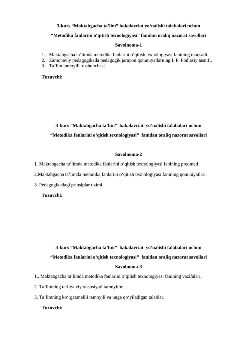 “Metodika fanlarini o‘qitish texnologiyasi” fanidan oraliq nazorat savollari