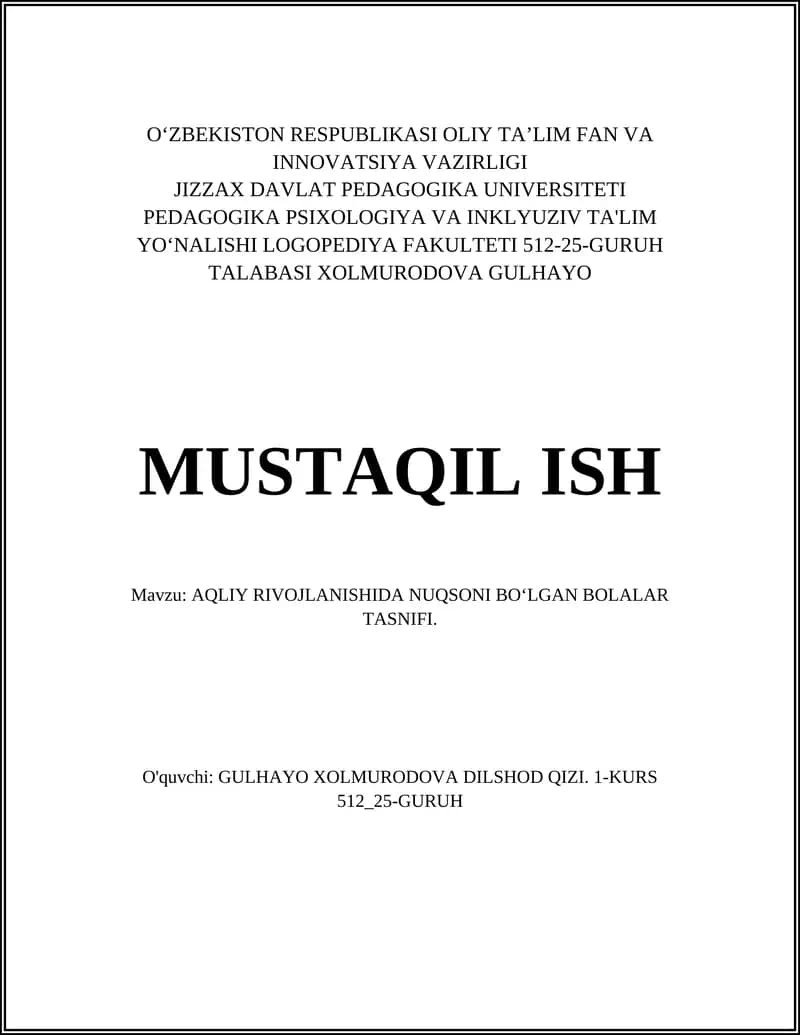 Aqliy Rivojlanishida Nuqsoni Bo‘lgan Bolalar Tasnifi