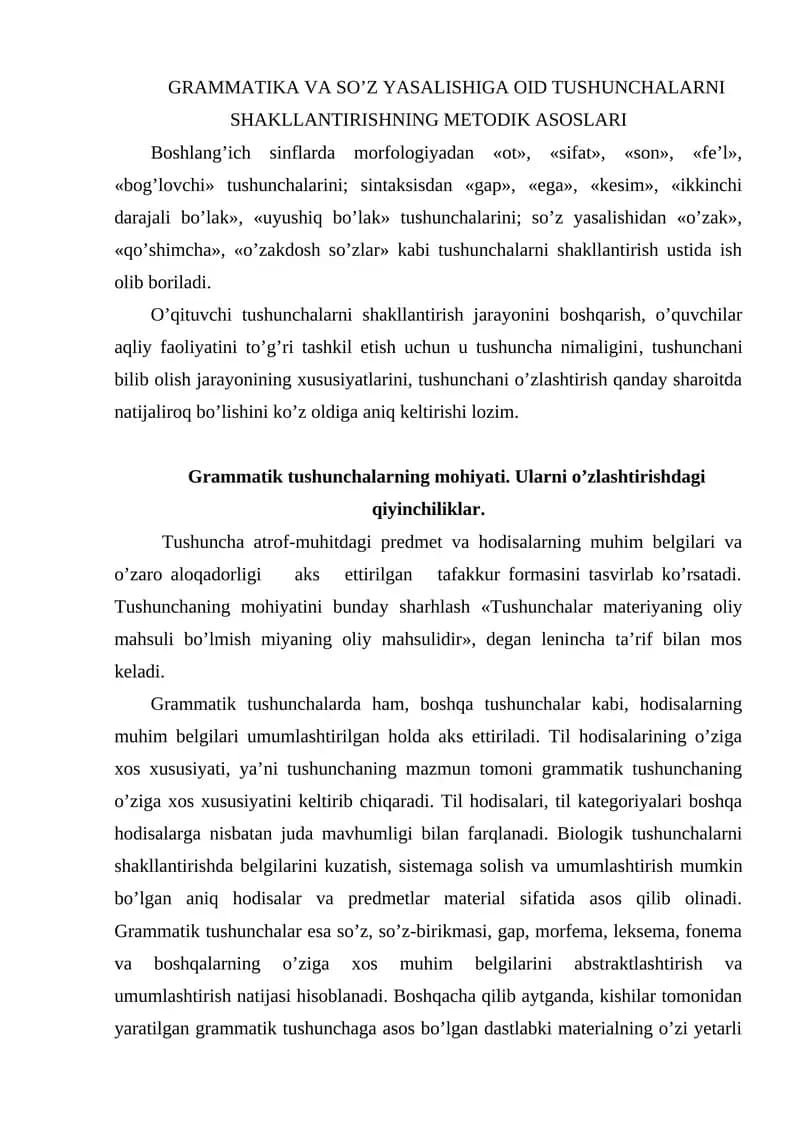 GRAMMATIKA VA SO’Z YASALISHIGA OID TUSHUNCHALARNI SHAKLLANTIRISHNING METODIK ASOSLARI
