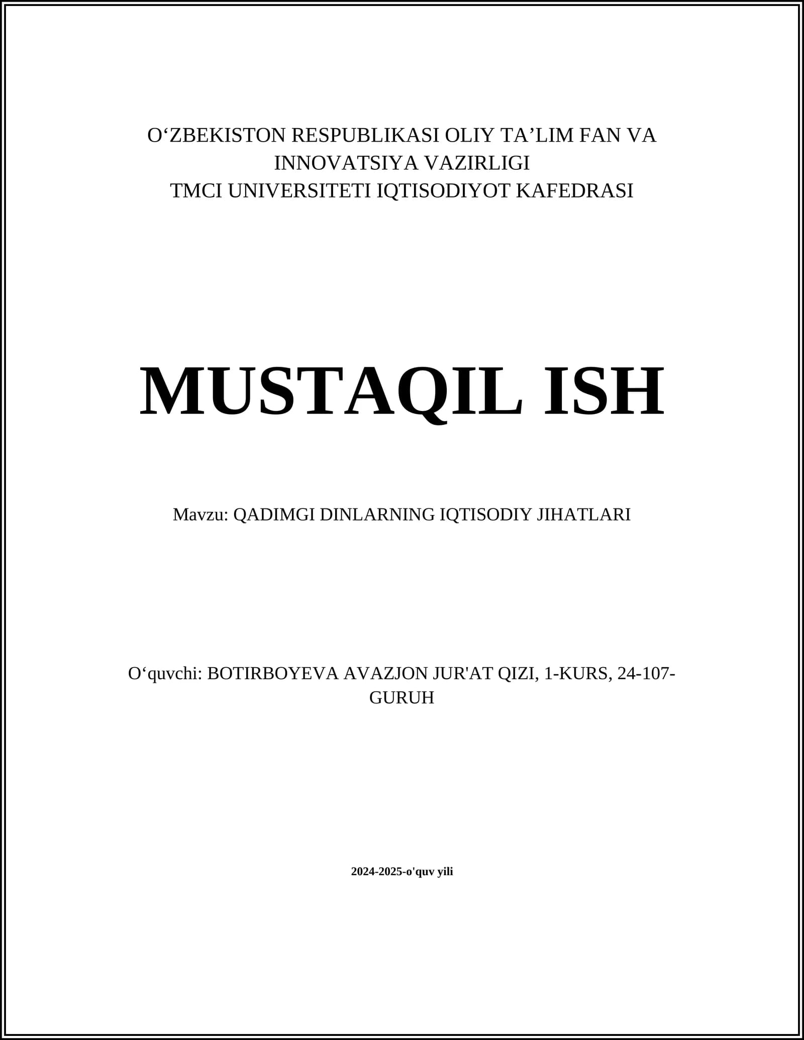 QADIMGI DINLARNING IQTISODIY JIHATLARI