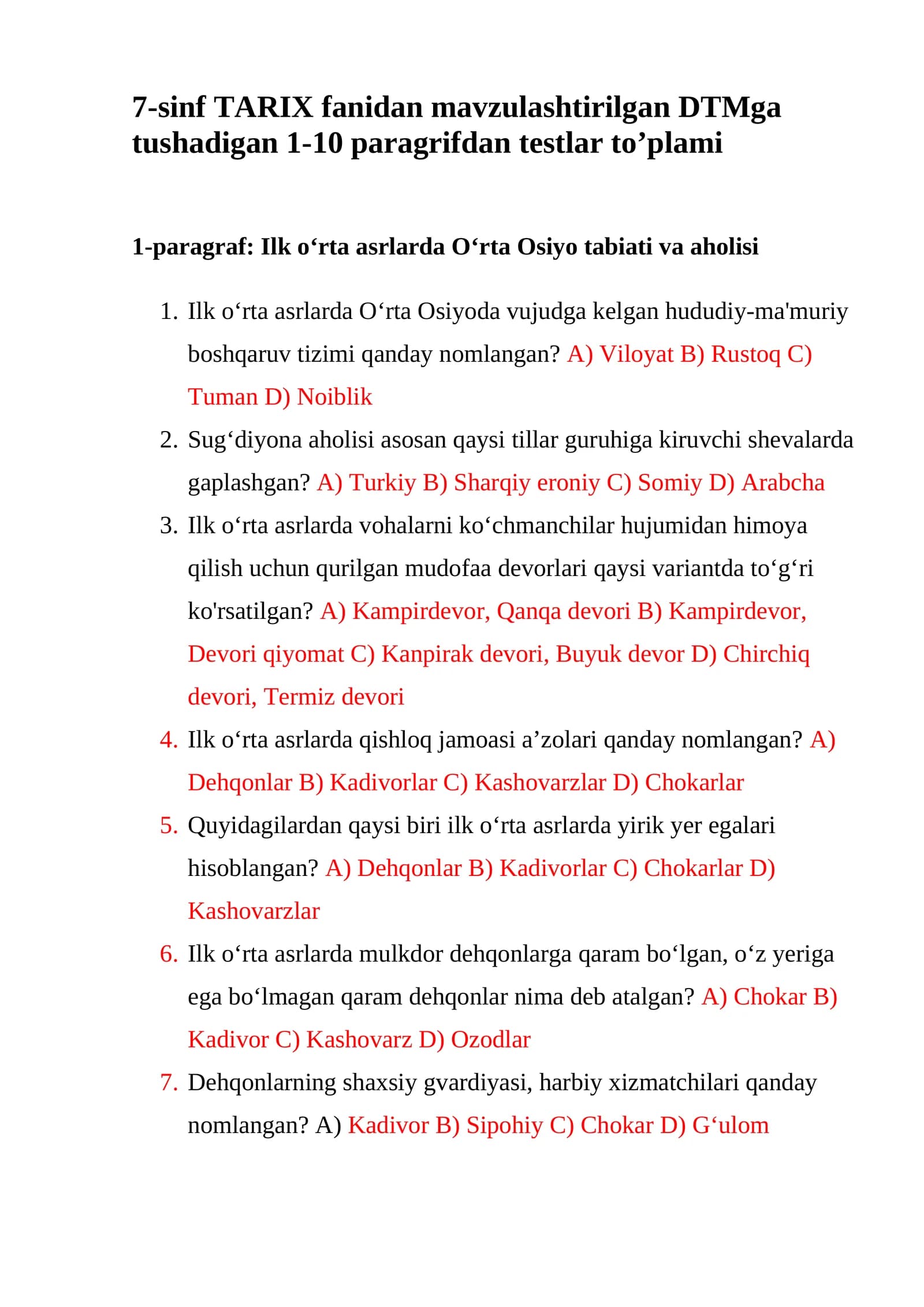 7-sinf TARIX fanidan mavzulashtirilgan DTMga tushadigan 1-10 paragrifdan testlar to’plami
