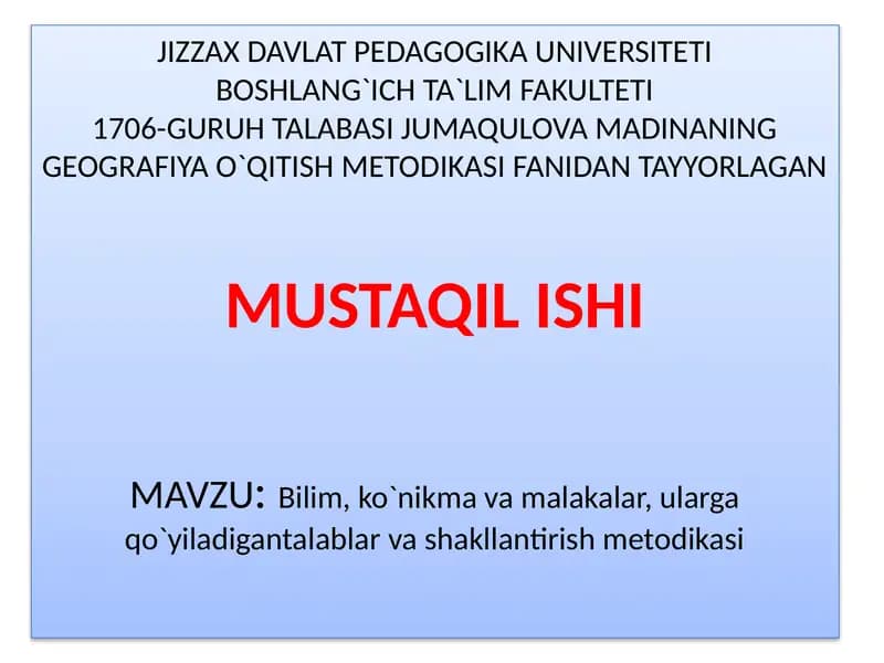 Geografiya O`qitish Metodikasi