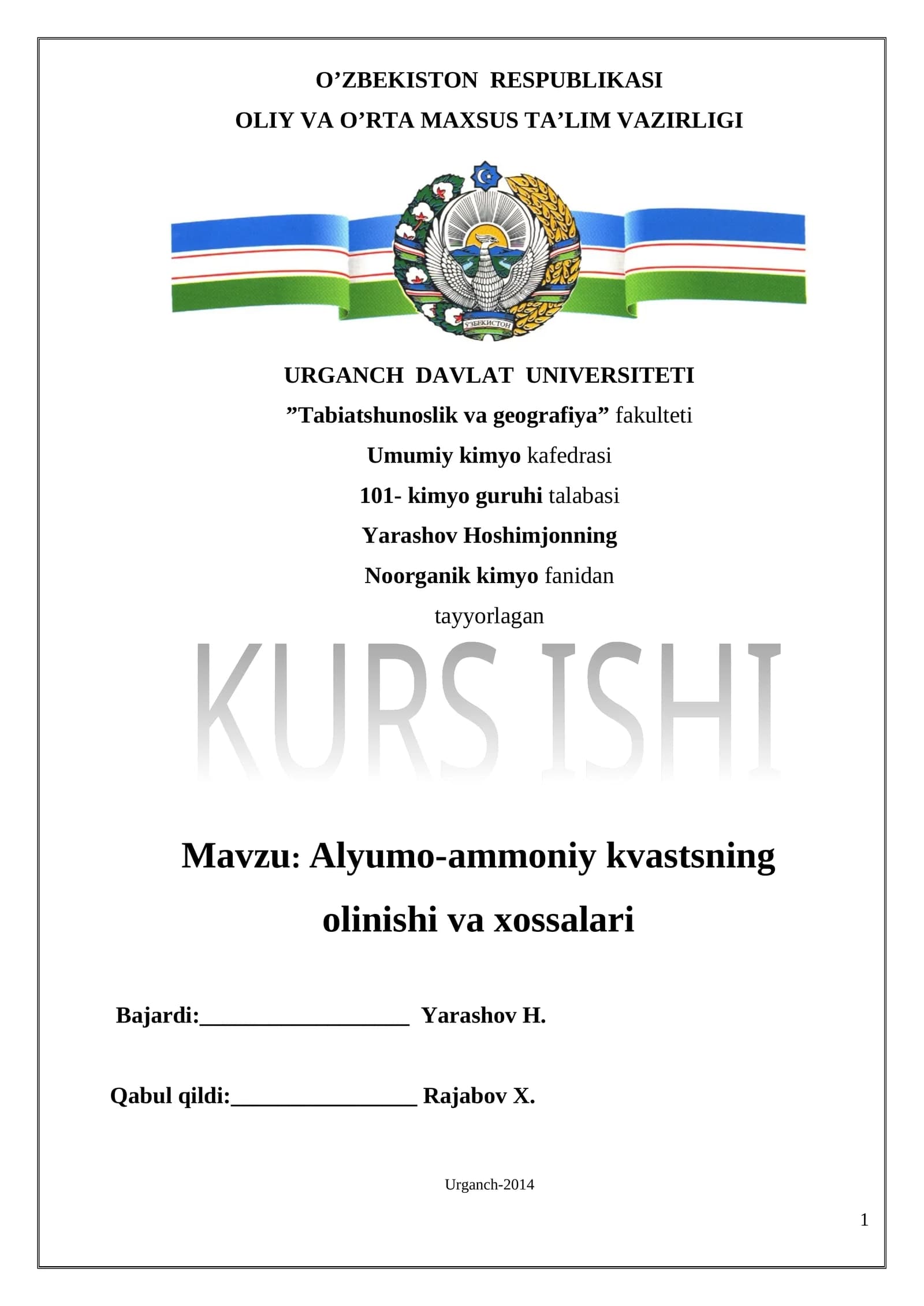 Alyumo-ammoniy kvastsning olinishi va xossalari