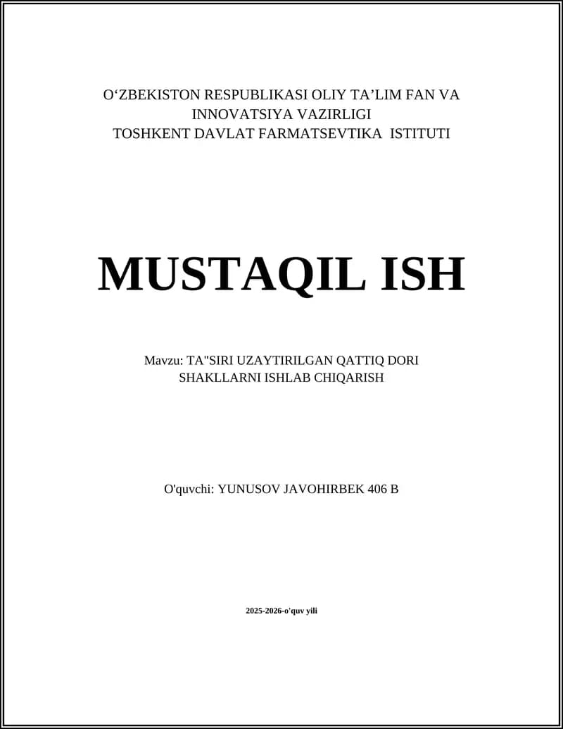 TA"SIRI UZAYTIRILGAN QATTIQ DORI SHAKLLARNI ISHLAB CHIQARISH