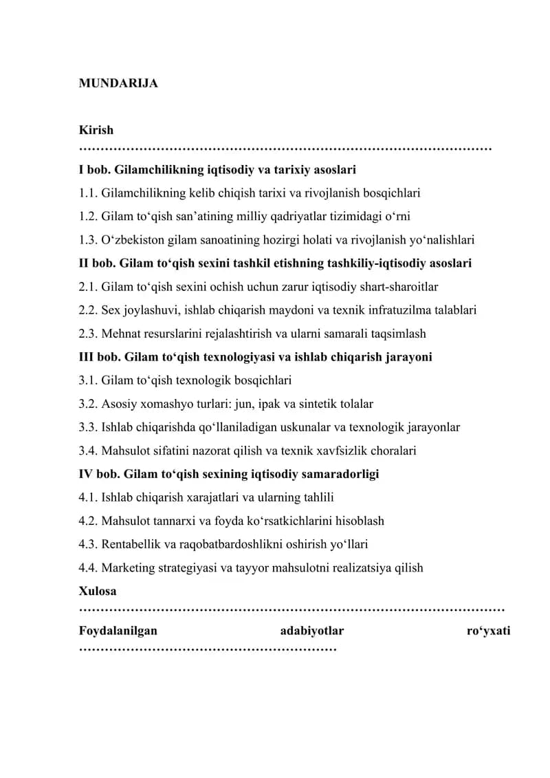 Gilamchilikning iqtisodiy va tarixiy asoslari sexini tashkil qilish