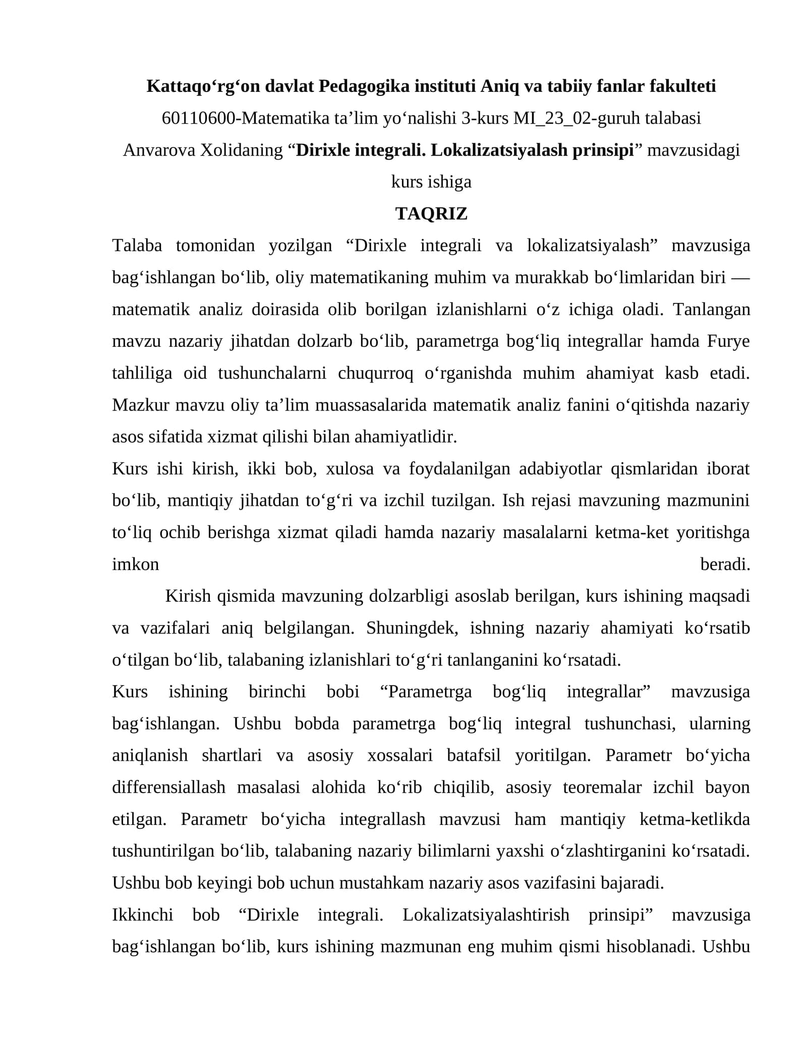 Dirixle integrali. Lokalizatsiyalash prinsipi
