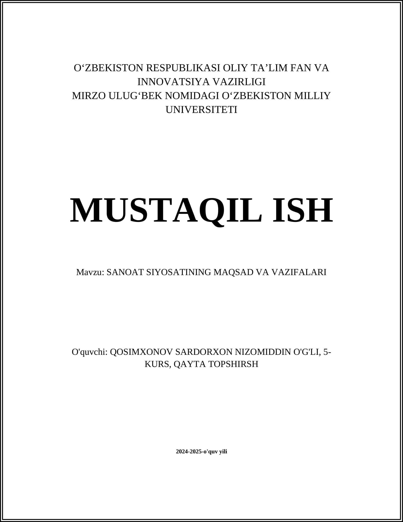 SANOAT SIYOSATINING MAQSAD VA VAZIFALARI