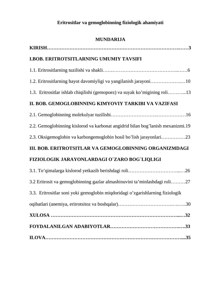Eritrositlar va gemoglobinning fiziologik ahamiyati