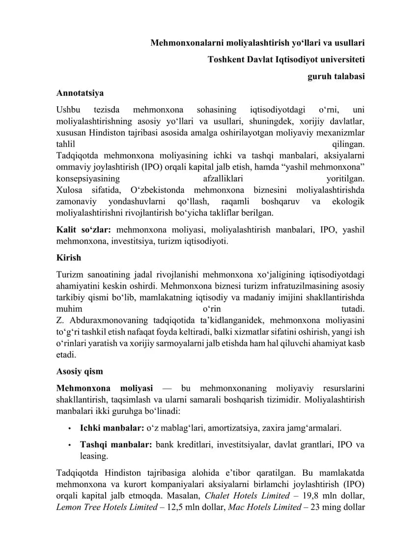 Mehmonxonalarni moliyalashtirish yo‘llari va usullari