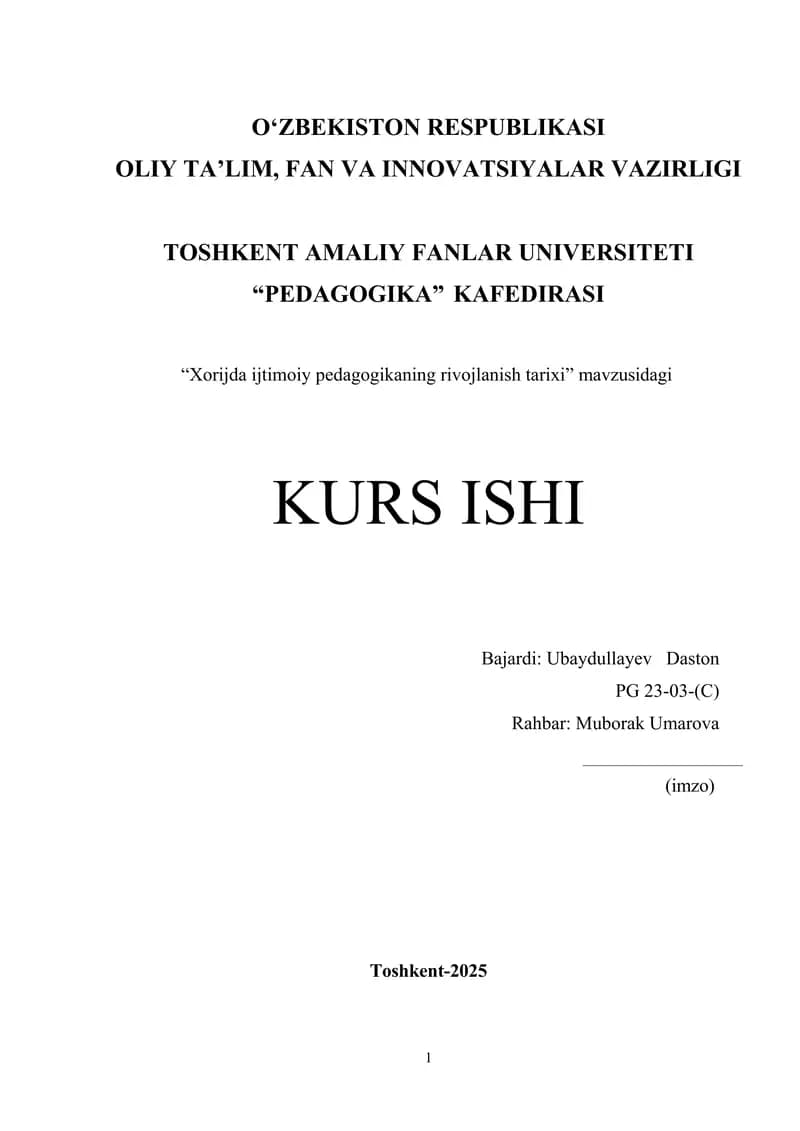 Xorijda ijtimoiy pedagogikaning rivojlanish tarixi.