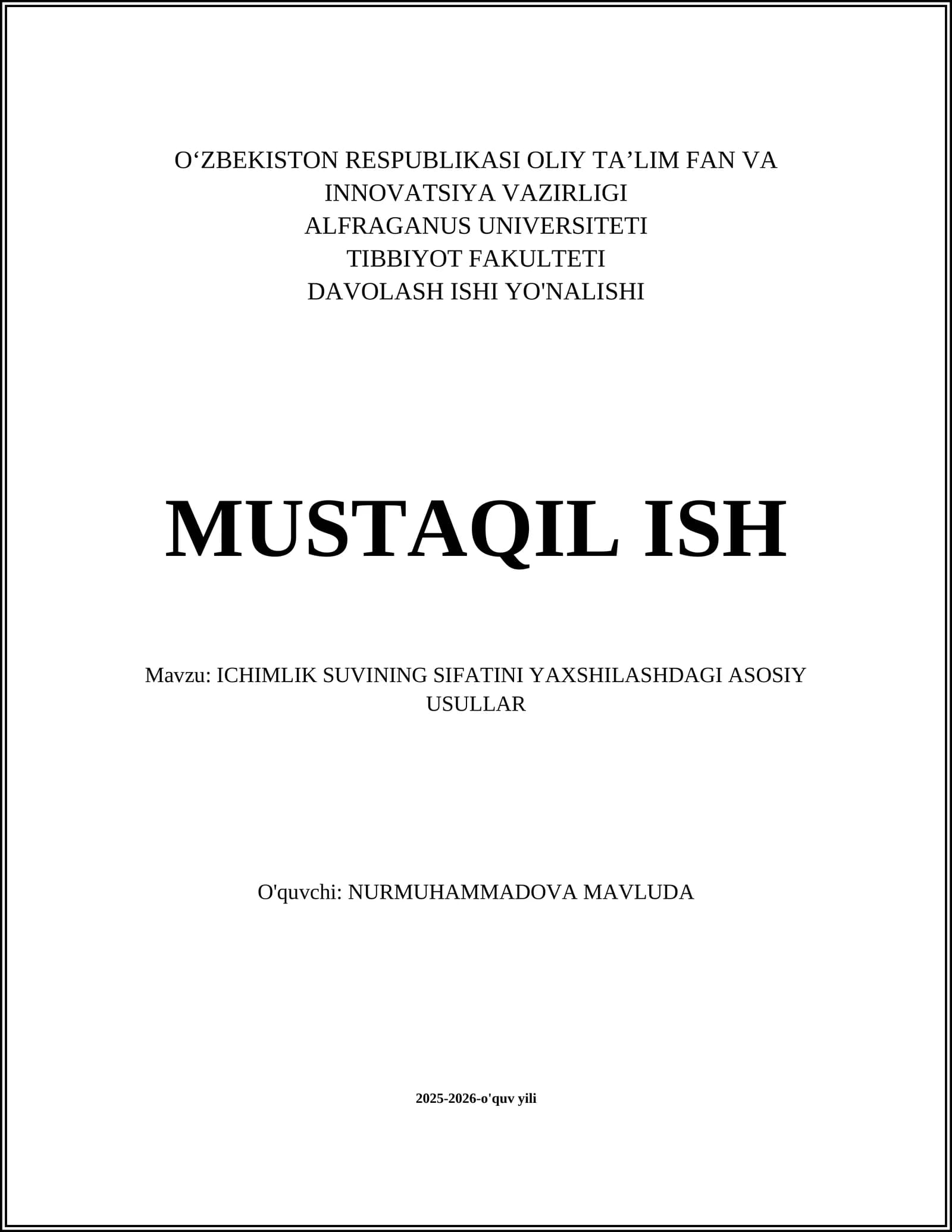 ICHIMLIK SUVINING SIFATINI YAXSHILASHDAGI ASOSIY USULLAR