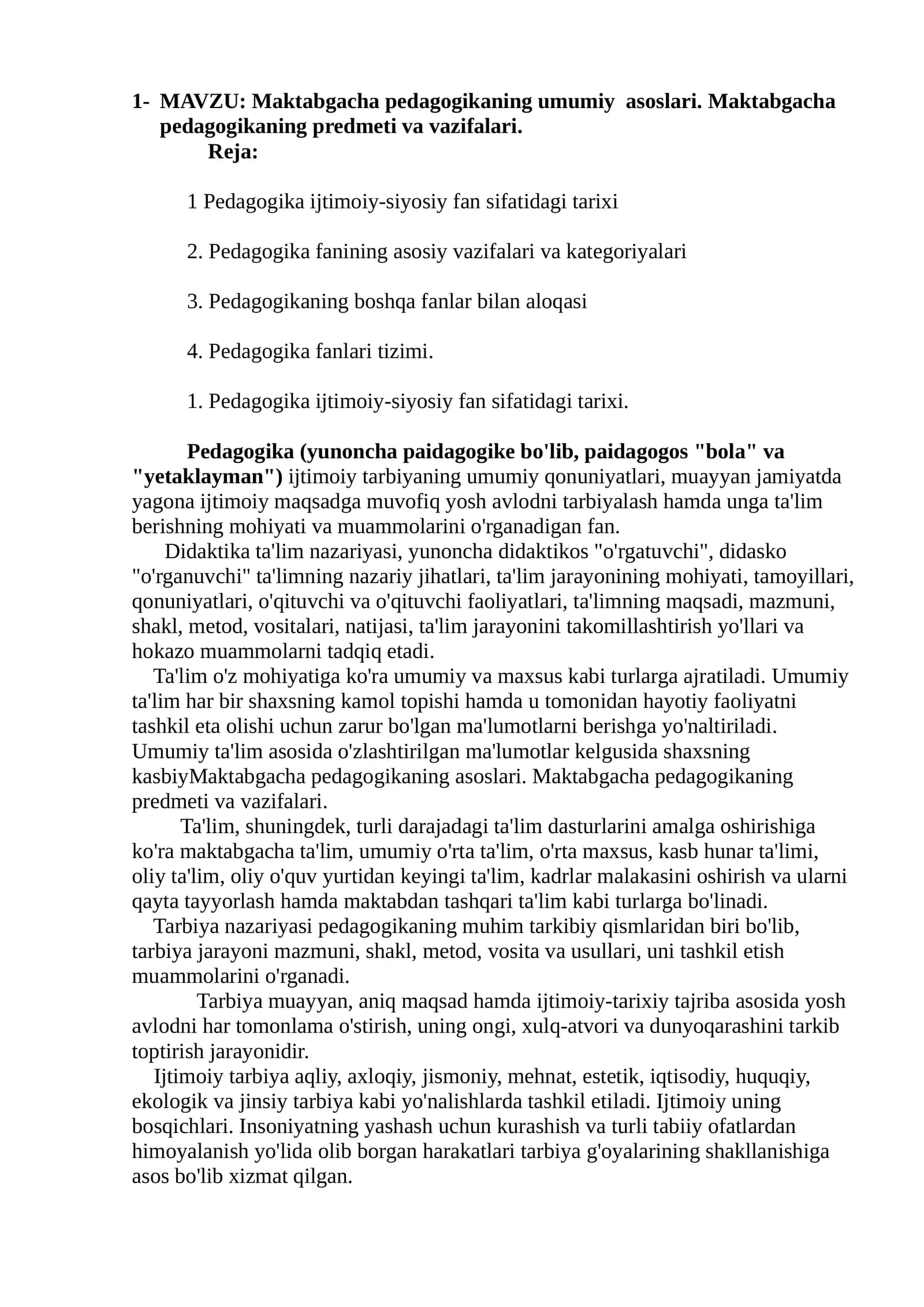 Maktabgacha pedagogikaning umumiy asoslari