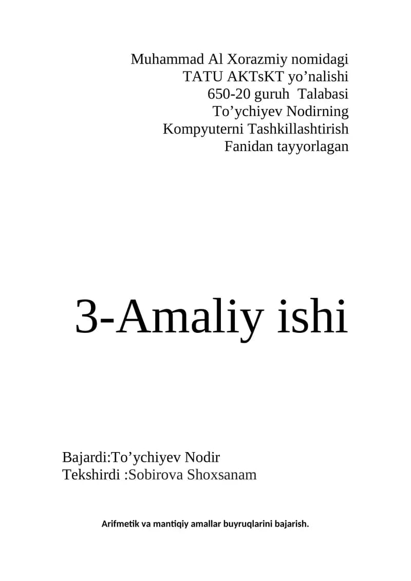 Kompyuterni Tashkillashtirish Fanidan Tayyorlagan Amaliy Ishi