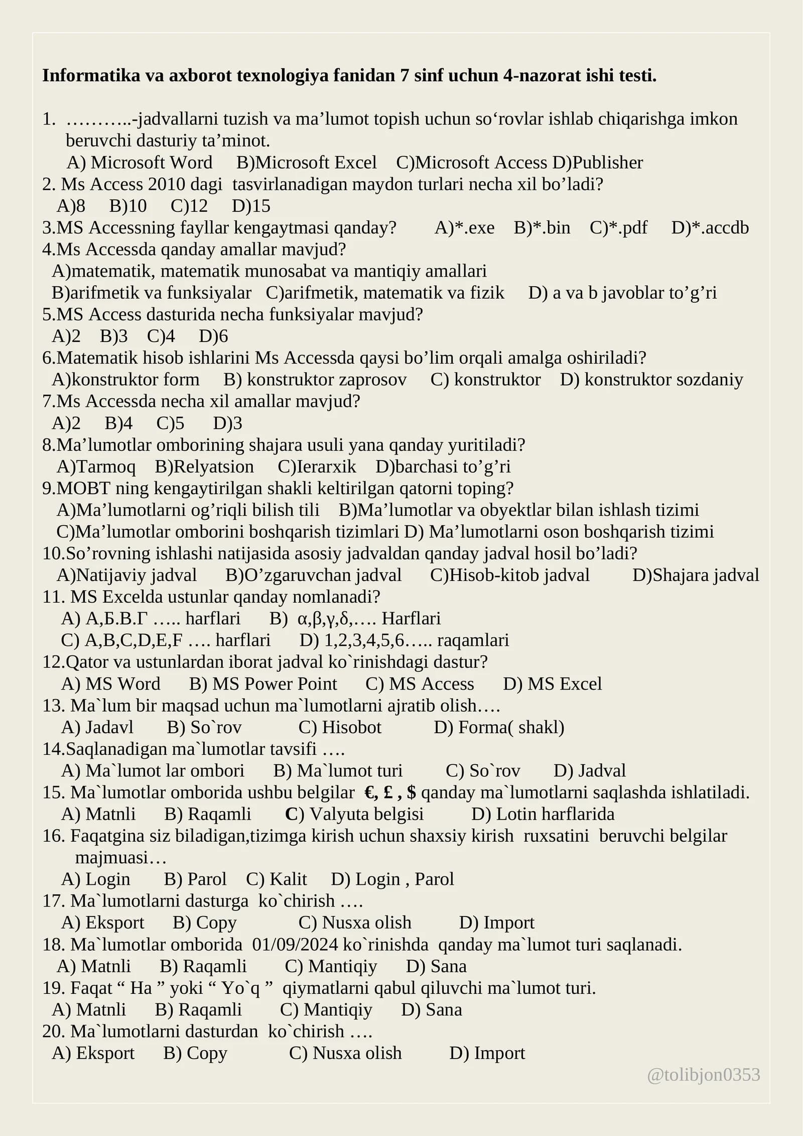 Informatika va axborot texnologiya fanidan 7 sinf uchun 4-nazorat ishi testi