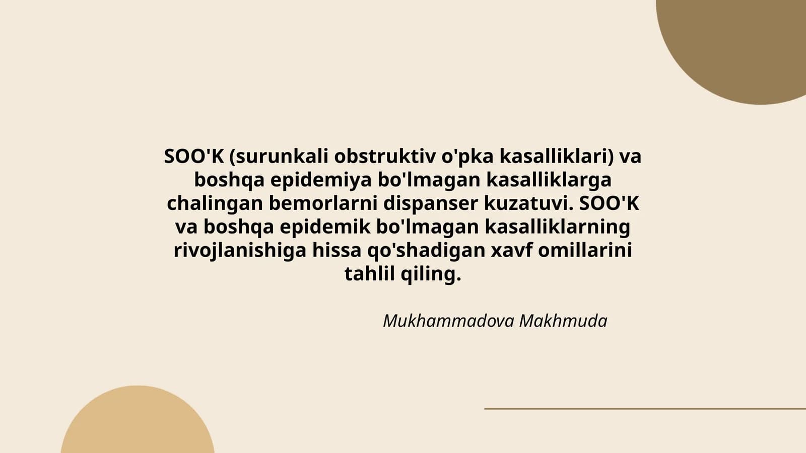 SOO'K va boshqa epidemiya bo'lmagan kasalliklarga chalingan bemorlarni dispanser kuzatuvi