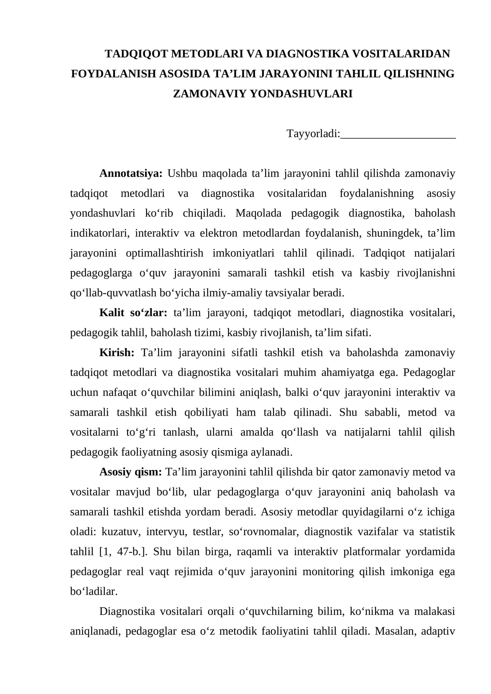 TADQIQOT METODLARI VA DIAGNOSTIKA VOSITALARIDAN FOYDALANISH ASOSIDA TA’LIM JARAYONINI TAHLIL QILISHNING ZAMONAVIY YONDASHUVLARI