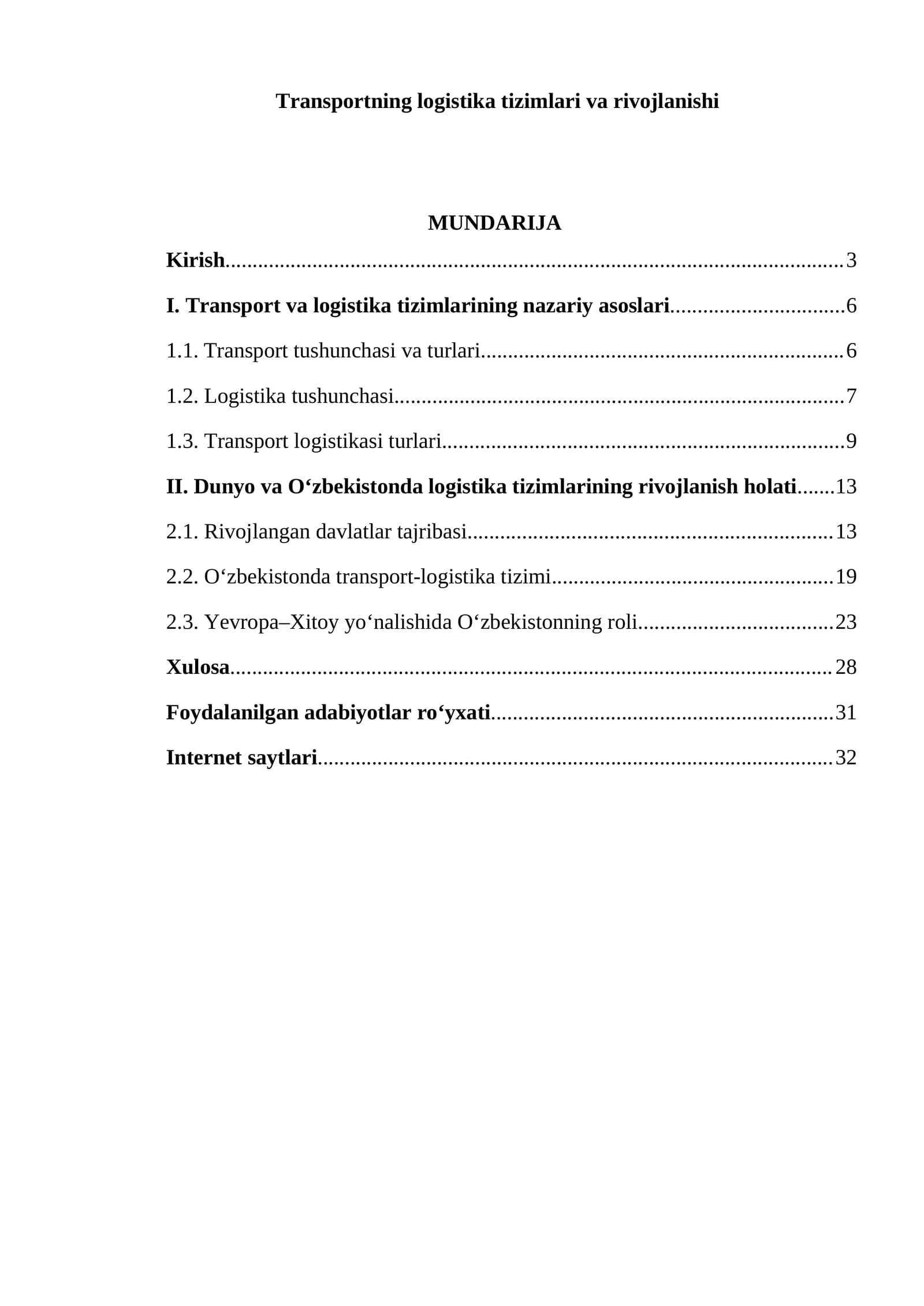 Transportning logistika tizimlari va rivojlanishi