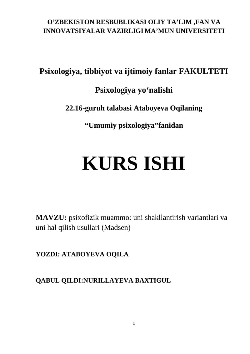 Psixofizik muammo: uni shakllantirish variantlari va uni hal qilish usullari (Madsen)