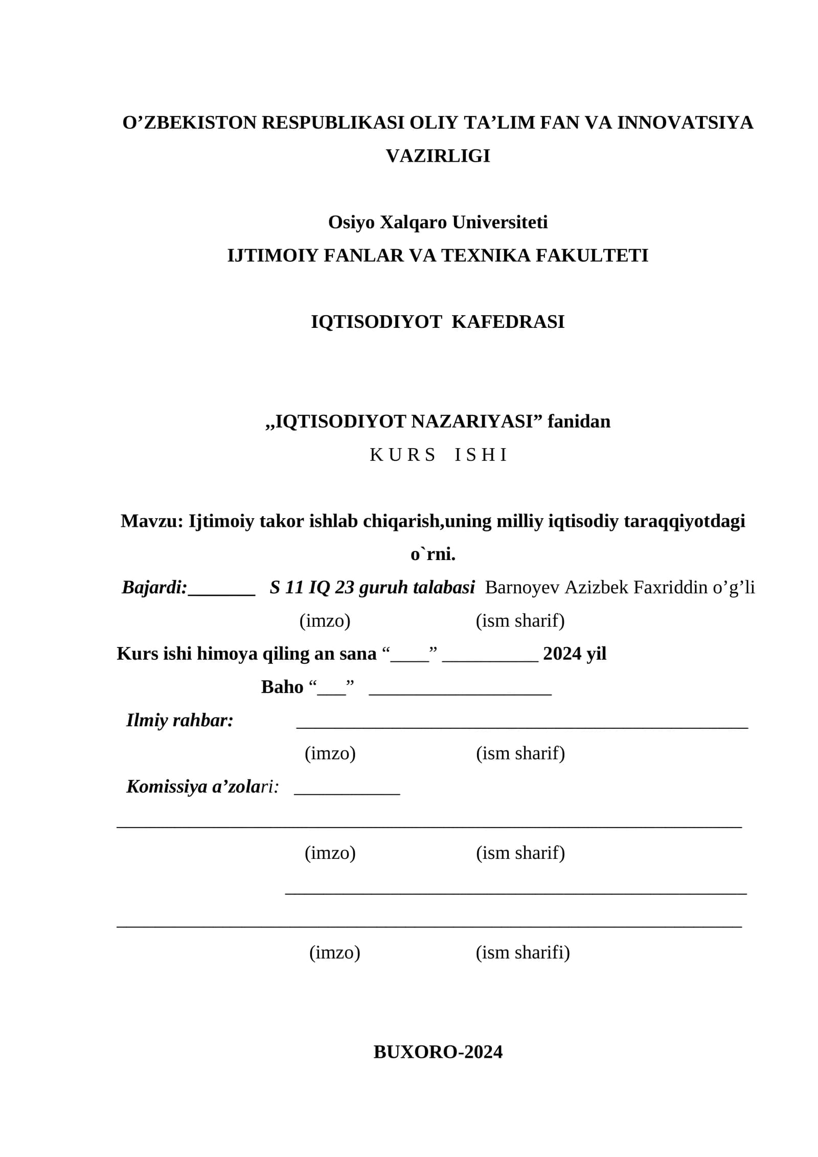 Ijtimoiy takor ishlab chiqarish,uning milliy iqtisodiy taraqqiyotdagi o`rni