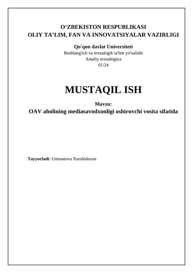 OAV aholining mediasavodxonligi oshiruvchi vosita sifatida