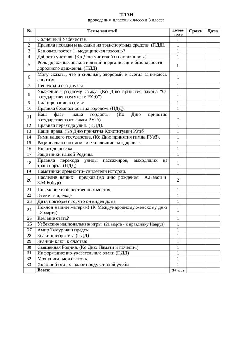 ПЛАН проведения классных часов в 3 классе