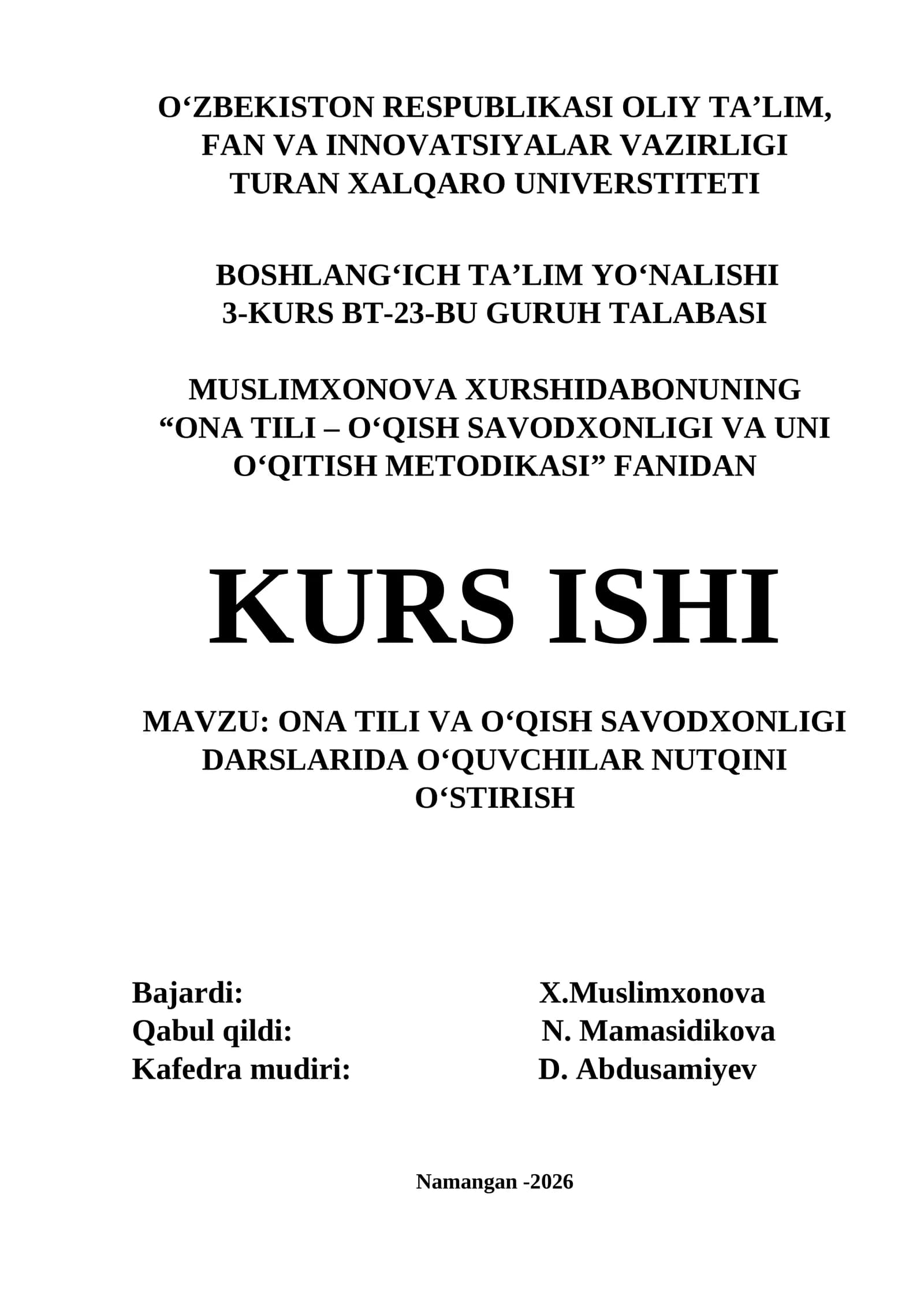 Ona tili va o‘qish savodxonligi darslarida o‘quvchilar nutqini o‘stirish