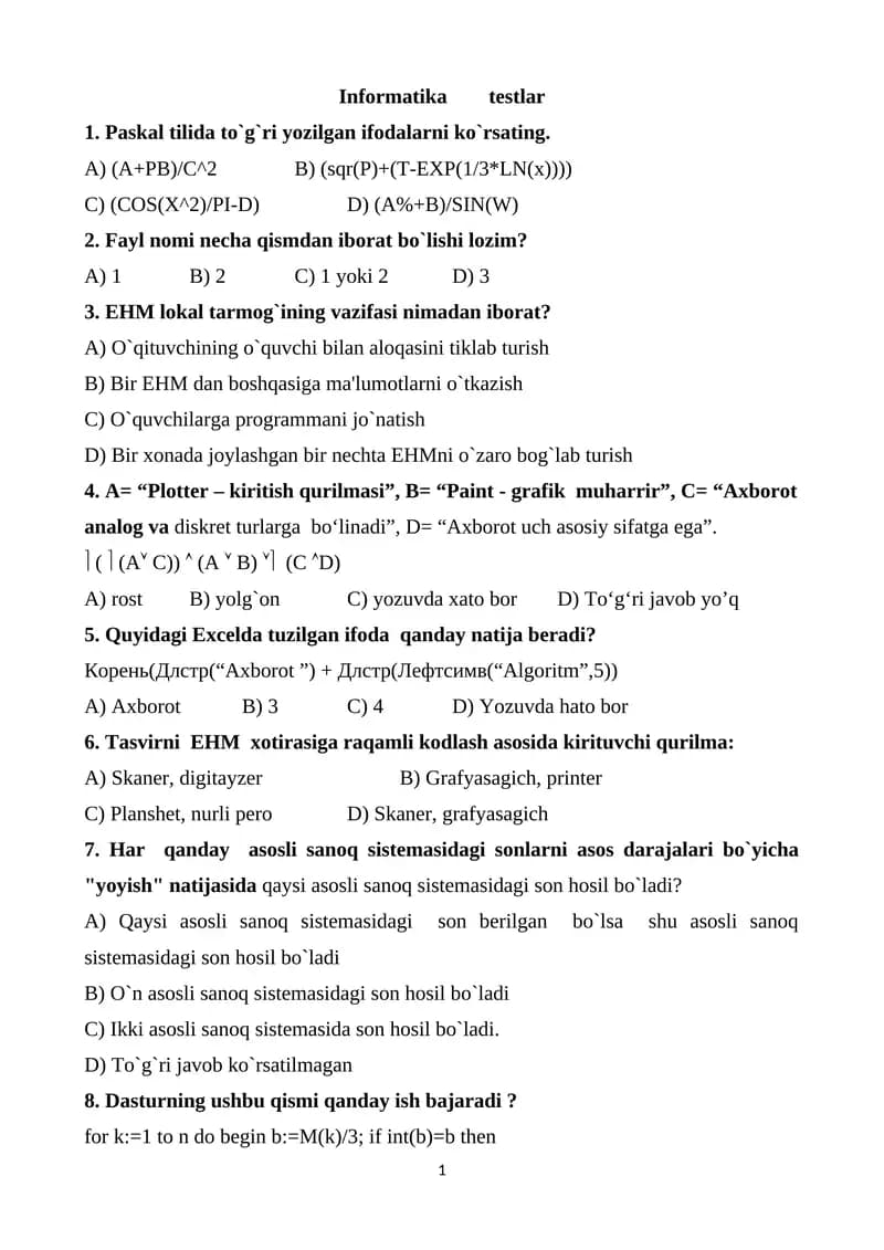 Informatika testlar