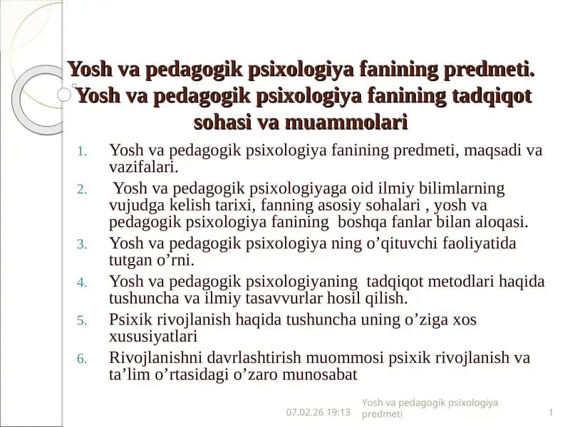 Yosh va pedagogik psixologiyafaning predmeti
