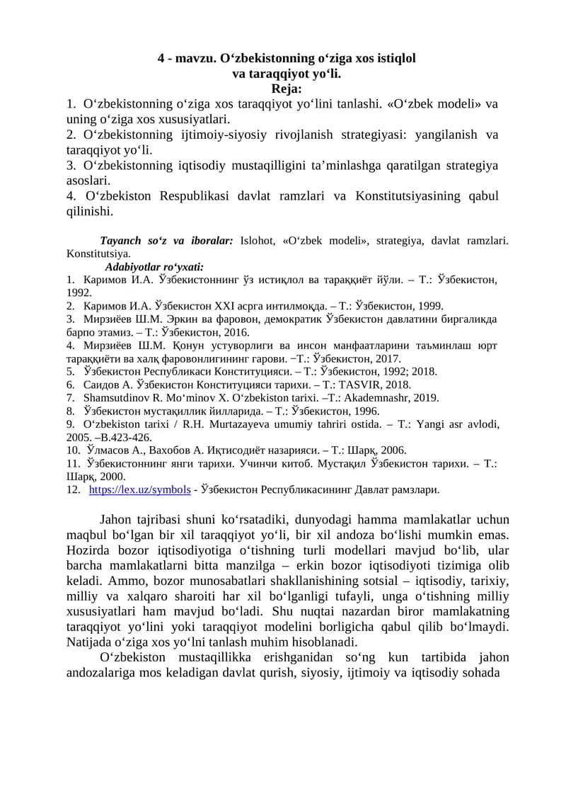 O‘zbekistonning o‘ziga xos istiqlol va taraqqiyot yo‘li