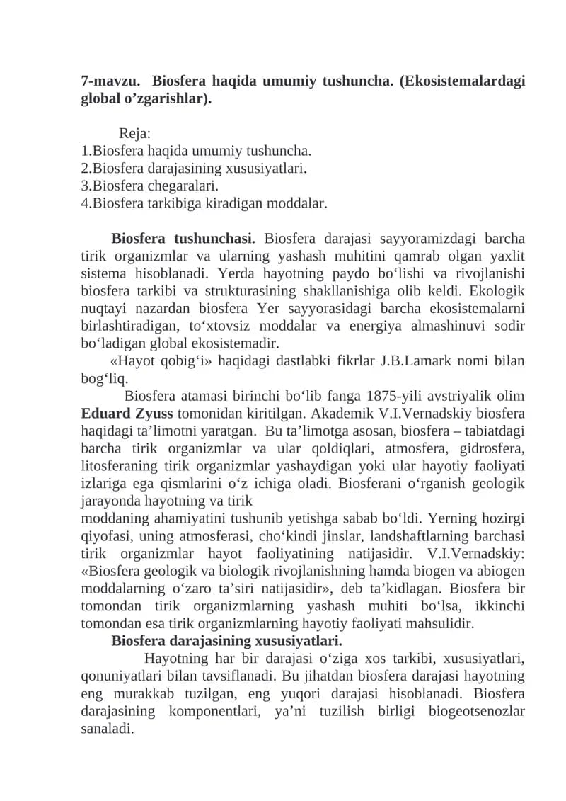 Biosfera haqida umumiy tushuncha