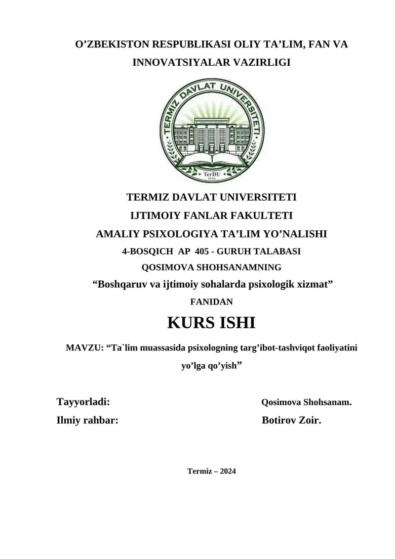 Ta`lim muassasida psixologning targ’ibot-tashviqot faoliyatini yo’lga qo’yish