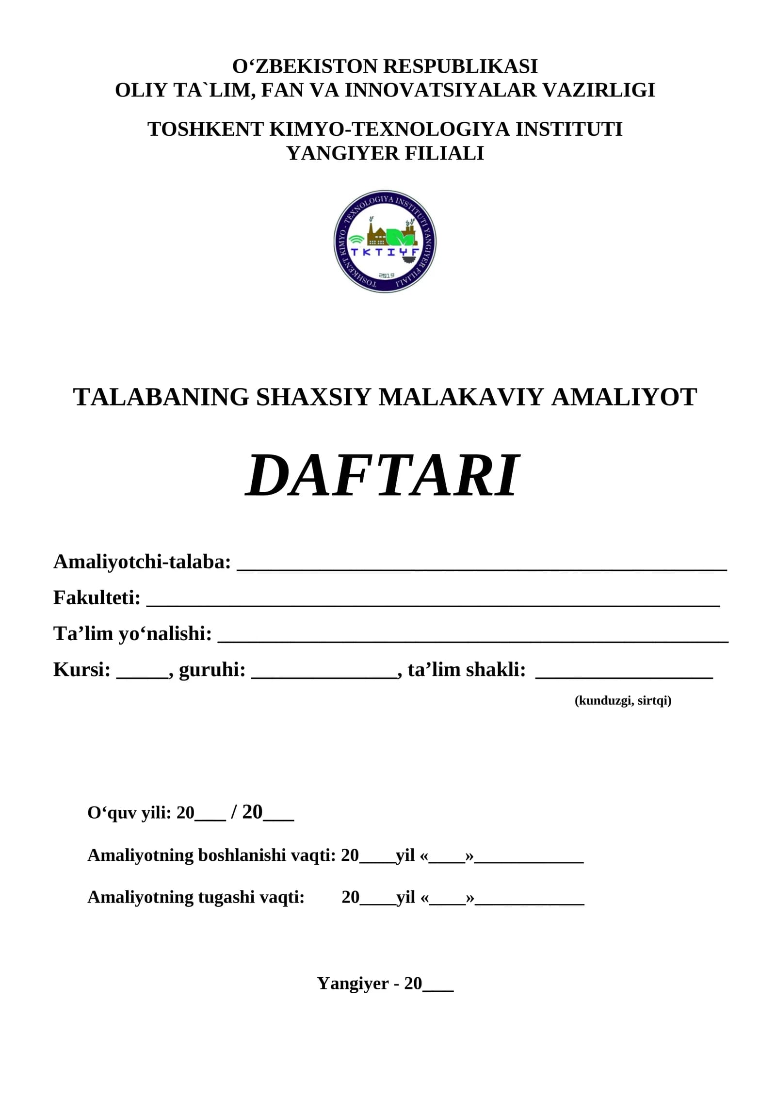 TALABANING SHAXSIY MALAKAVIY AMALIYOT DAFTARI