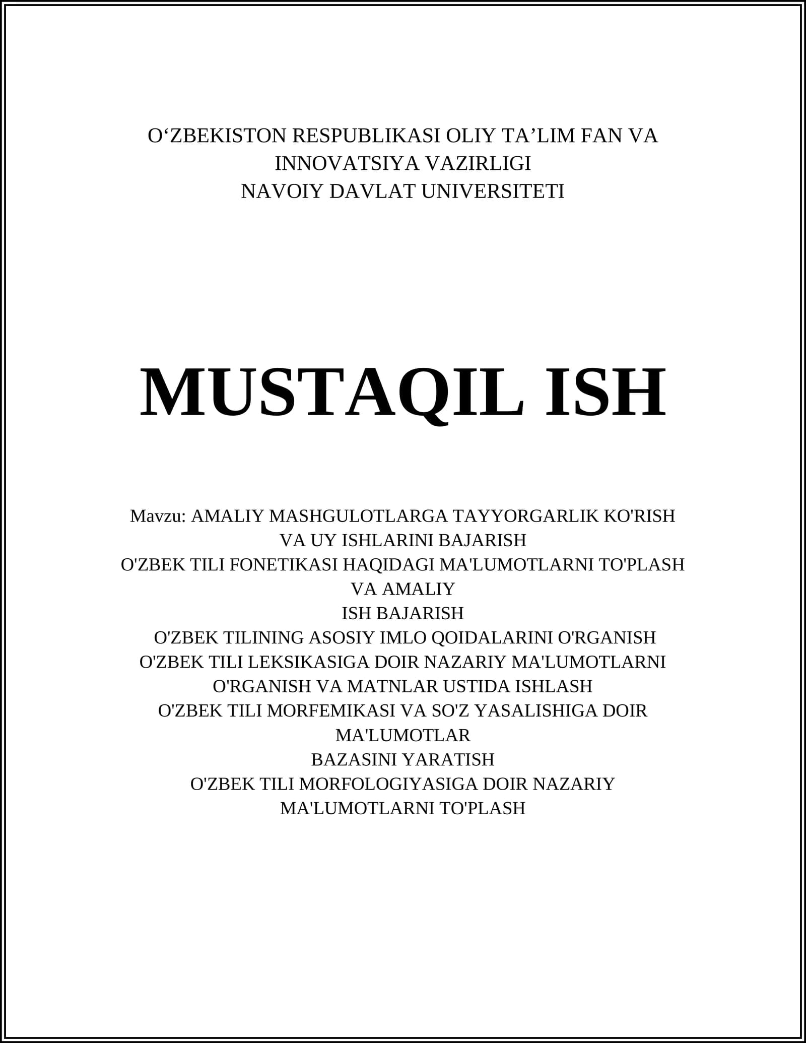 AMALIY MASHGULOTLARGA TAYYORGARLIK KO'RISH VA UY ISHLARINI BAJARISH