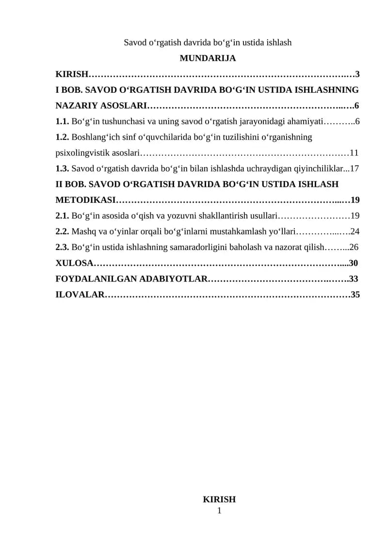 Savod o‘rgatish davrida bo‘g‘in ustida ishlash