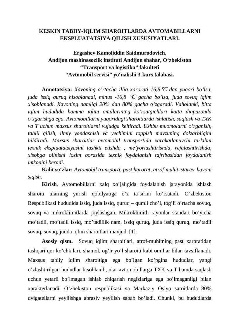 KESKIN TABIIY-IQLIM SHAROITLARDA AVTOMABILLARNI EKSPLUATATSIYA QILISH XUSUSIYATLARI.