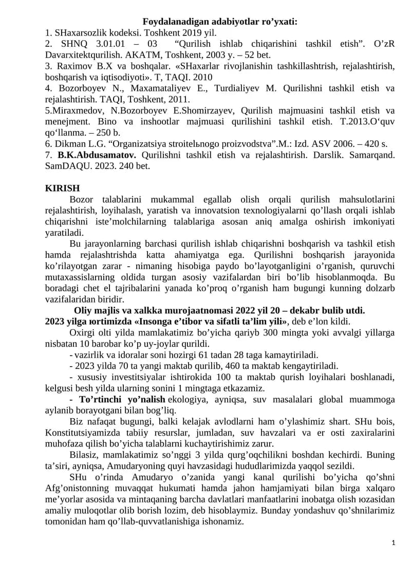 Qurilish majmuasini tashkil etish va menejment