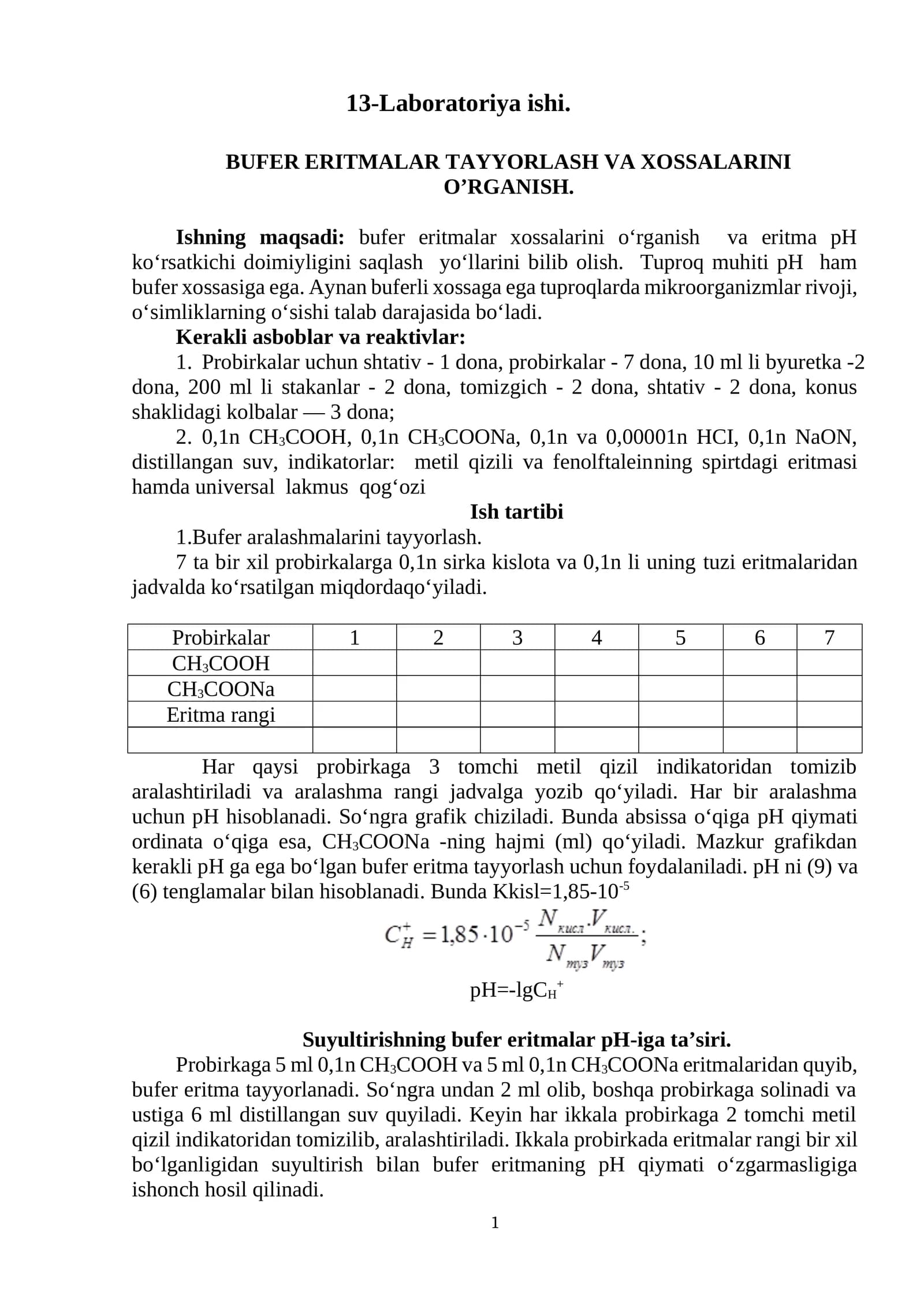 Laboratoriya ishi: Bufer eritmalar tayyorlash va xossalarini o’rganish
