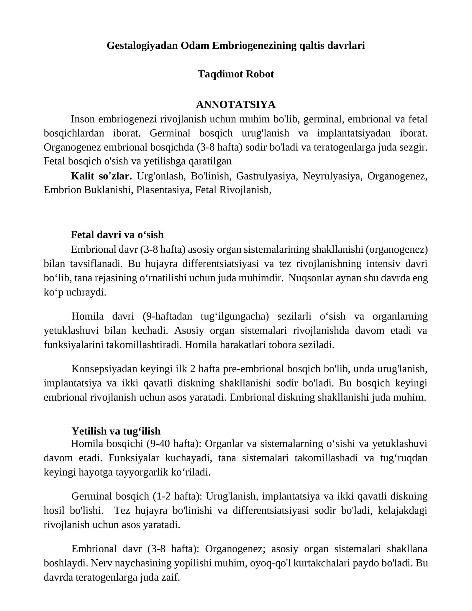 Gestalogiyadan Odam Embriogenezining qaltis davrlari